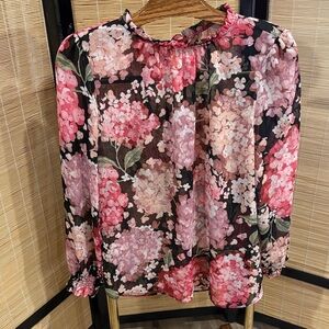 H&M Black Sheer Blouse with Pink Floral Print